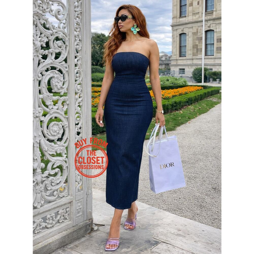 Zara Strapless Navy Midi Dress Quiet Luxury Minimalist NWT - Picture 2 of 16